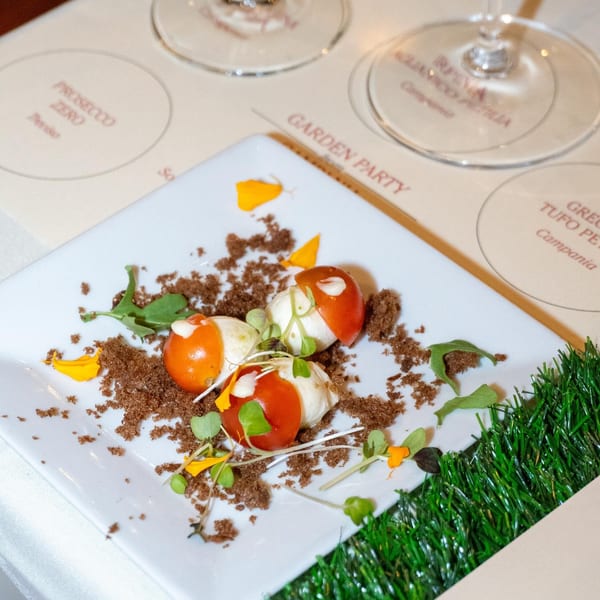 Three cherry tomatoes with mozzarella and microgreens on a white plate with artificial grass.