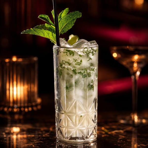 Mojito cocktail with mint, lime, and ice in a tall glass on a dark, reflective bar.