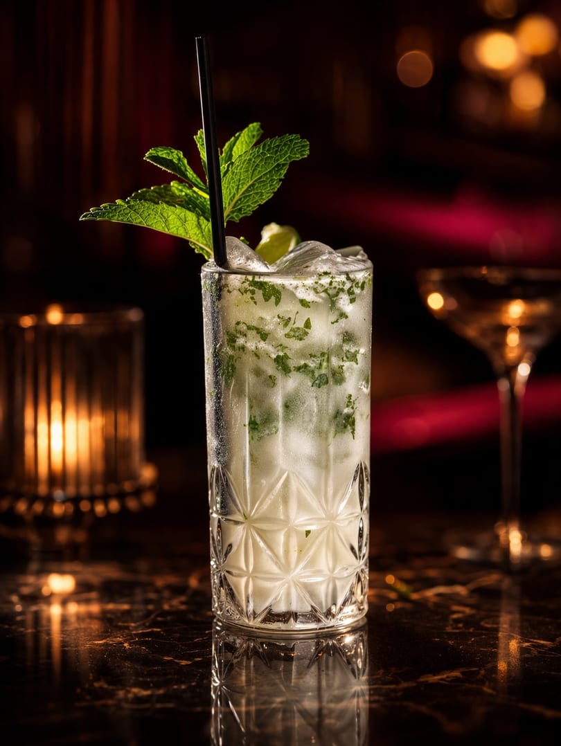 Mojito cocktail with mint, lime, and ice in a tall glass on a dark, reflective bar.